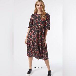Miss Selfridge Black and Pink Floral Midi Dress